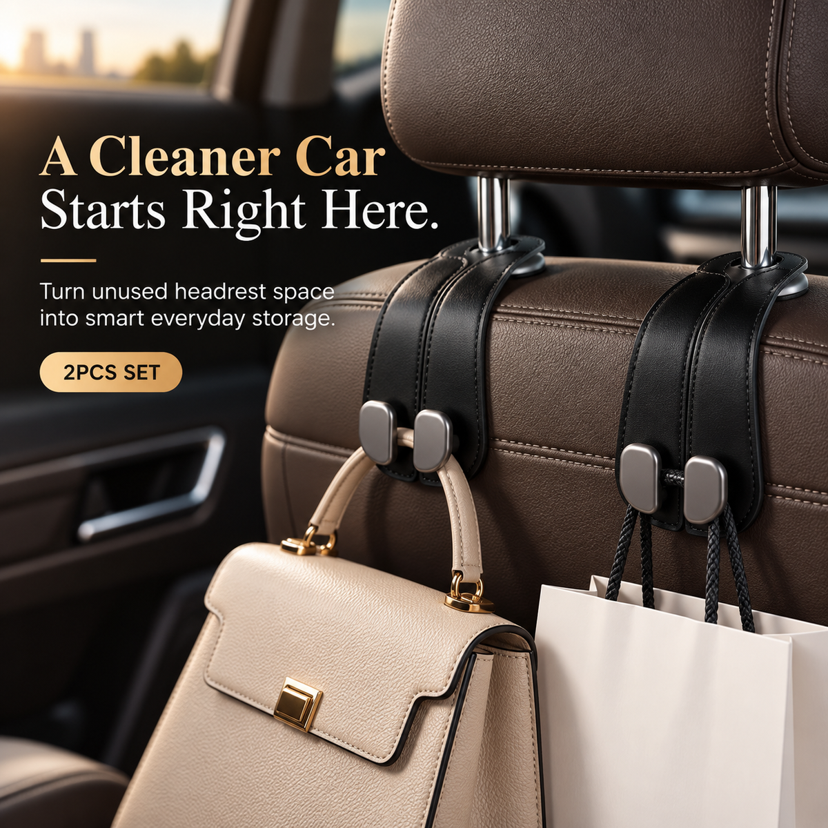 🚗2PCS Premium Car Headrest Hooks – Leather Bag & Purse Organizer