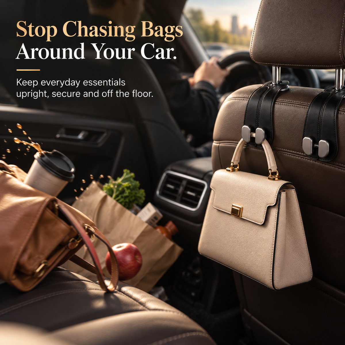 🚗2PCS Premium Car Headrest Hooks – Leather Bag & Purse Organizer