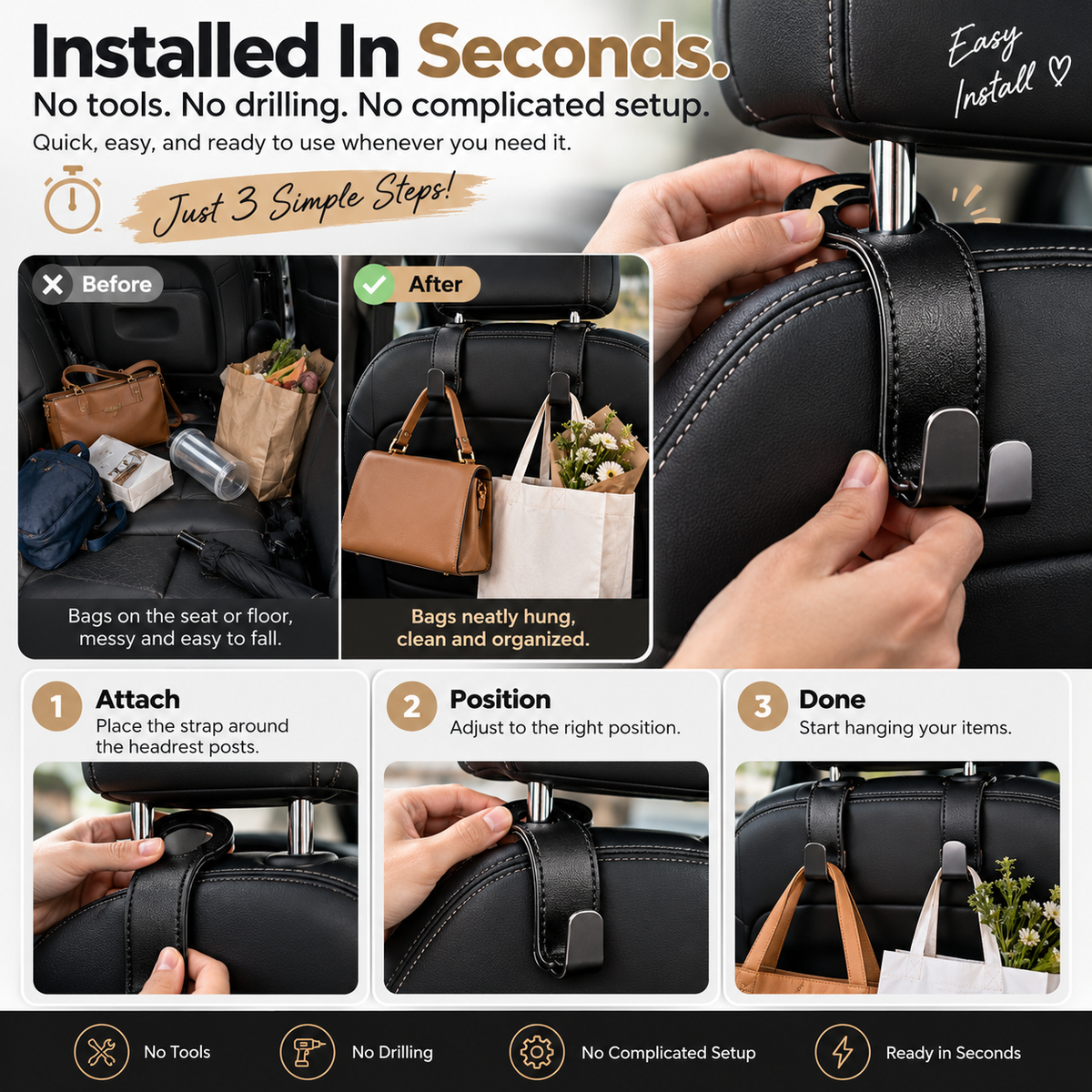 🚗2PCS Premium Car Headrest Hooks – Leather Bag & Purse Organizer
