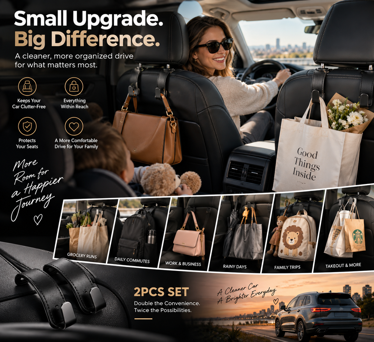🚗2PCS Premium Car Headrest Hooks – Leather Bag & Purse Organizer